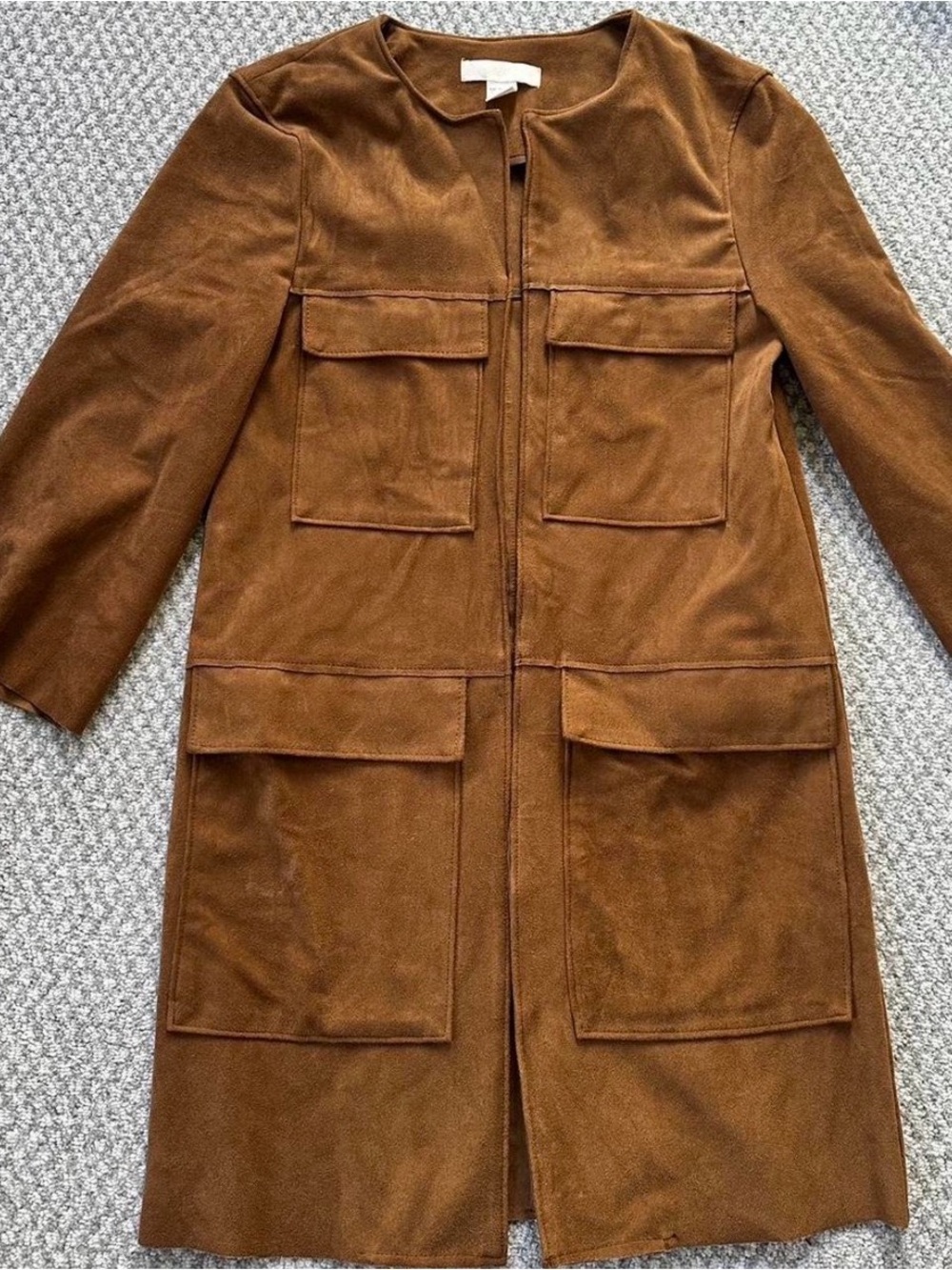 Women’s Camel Suede Coat with Pockets and 3/4 Sleeves